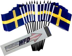 Набор настольных флагов Швеции, 12 шт., полиэстер, 4x6 дюймов, мини-флажки для офиса, маленькие флажки на палочке для размахивания, с черными пластиковыми держателями - Product Image 1