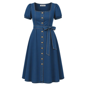 Robe Courte Trapèze en Jean Bleu pour Femme avec Manches Bouffantes, Ceinture à Nœud, Ourlet Évasé Uni, Idéale pour l'Été - Product Image 1