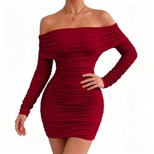 Vestido de fiesta sexy casual con hombros descubiertos, manga larga, cuello de un solo hombro, plisado, ajustado y con vuelo en la cadera. - Product Image 1