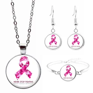 Breast care red ribbon time Gem Necklace Set Cancer Awareness Silver Bracelet Earrings necklace Jewelry Set for women