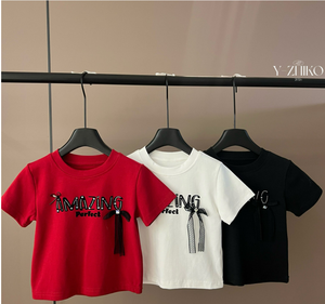 Camiseta Polo de Manga Corta para Niñas, Diseño de Moda, Verano, Poliéster/Algodón, Secado Rápido, Transpirable, con Cuentas Decorativas, Cuello Redondo, 3D - Product Image 1