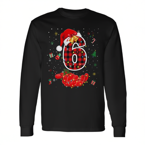 T-shirt à manches longues à carreaux rouges de Noël numéro 6 avec motif chapeau de Père Noël et lumières pour les fêtes - Product Image 2