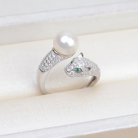 Bague ouverte tête de léopard en argent S925 plaqué or blanc, micro-pavée de zircons, réglable avec perle, pour la fabrication de bijoux