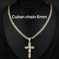 Pendentif Croix avec Strass Entièrement Sertis, Zircon Incrusté de Cuivre, Chaîne Cubaine Plaqué Or 18K, Collier Unisexe Tendance, Cool et Polyvalent
