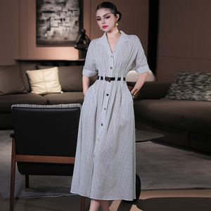 FMY65062 Robe chemise rayée blanche <span class=keywords><strong>et</strong></span> jupe midi trapèze style été minimaliste français avec charme de taille ajustable pour <span class=keywords><strong>femme</strong></span> - Product Image 1