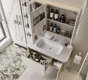 <span class=keywords><strong>Meuble</strong></span>-lavabo haut de gamme en bois massif multicouche de style italien avec porte cannelée, miroir LED intelligent et armoire murale intégrée - Product Image 6
