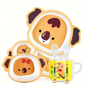 Ensemble de vaisselle pour enfants, 5 pièces, design animal mignon, assiette en bambou, récipient alimentaire biodégradable, best-seller - Product Image 1