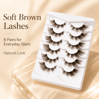 Populaire Lot de 6 paires de faux cils en fibre synthétique, marron, à volume bouclé, effet vison, ailés et allongés, avec bande en plastique transparente naturelle