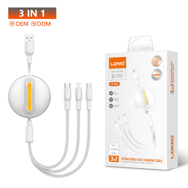 LDNIO LC90A Retractable 3 in 1 USB Cable With Type-c Connector Fast Charging Data Cables Mobile Phone Charger Cable