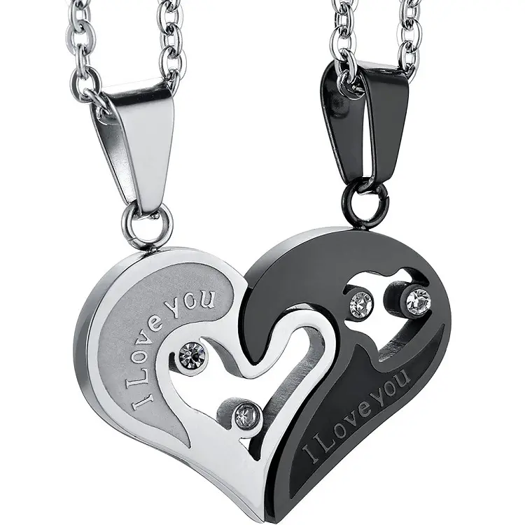 Heart to heart couple necklace diamond inlaid love printing creative stainless steel black and white Pendant Necklace