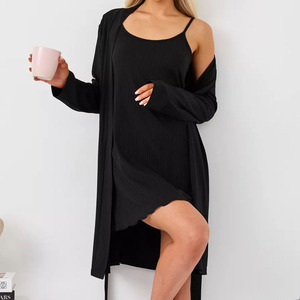 Ensemble de vêtements de nuit en tricot côtelé pour femmes, deux pièces, avec ourlet à volants et cardigan à manches longues, vert clair - Product Image 4