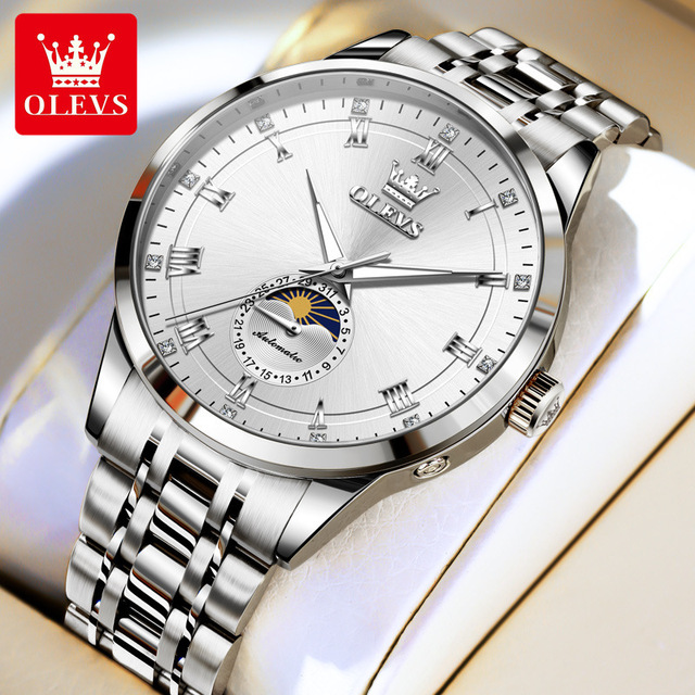 Olevs 7063 Mechanical Fashion Watch Stainless Steel Watchband Round-dial Moon Phase Automatic Roman Scale Watches for Men's