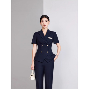 Women's Summer Short Sleeve Double Breasted Blazer And Skirt Suit Set Formal Commute Wear Breathable Worsted Fabric - Product Image 2