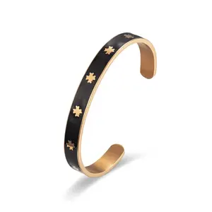 Fashion Open Bangles Four Leaf Clover Enamel Cuff Bracelet Gold Plated Stainless Steel 18K Black Trendy Unisex Bracelet 10pcs