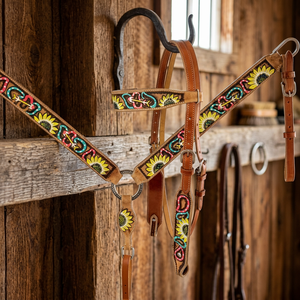 Ensemble d'équipement équestre en cuir de vachette léger de qualité supérieure, style western, avec franges tournesol, comprenant brassard, têtière et selle, durable pour l'équitation - Product Image 3