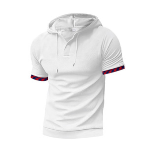 Polo à capuche pour hommes, manches courtes, respirant, tricot gaufré, couleur unie, vêtements décontractés pour les loisirs, blanc, bleu, gris, noir, beige - Product Image 2
