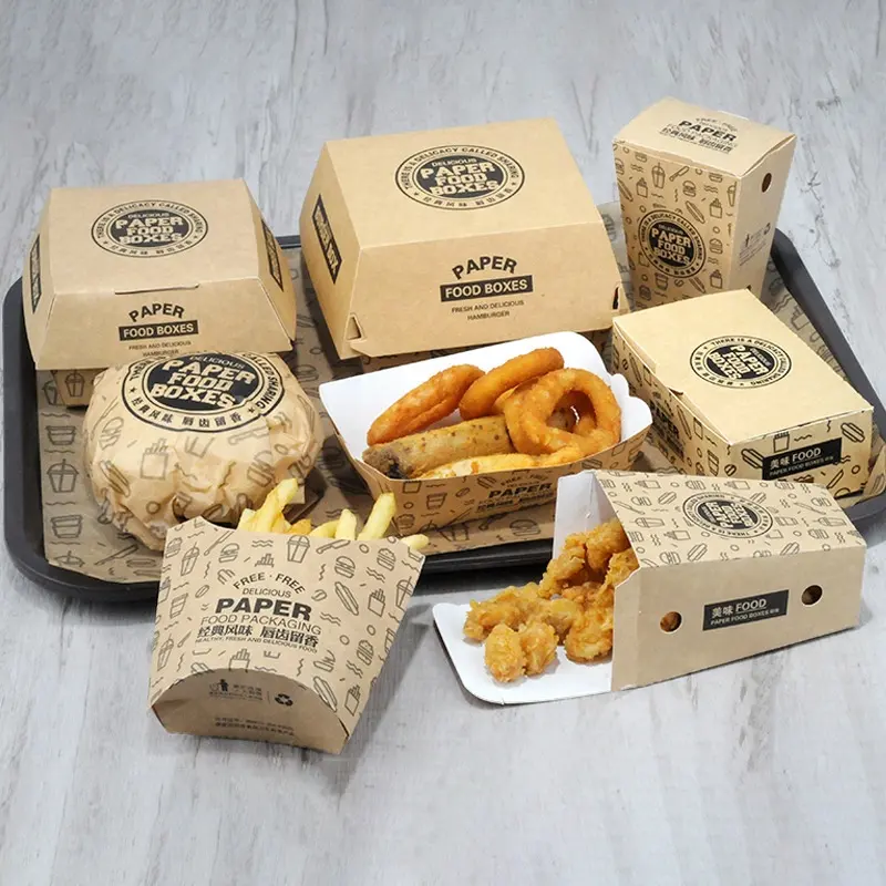 Hamburger Disposable Foldable Packaging Boxes Fried Chicken Platter Boxes Wholesale Kraft Paper Food Cake Box