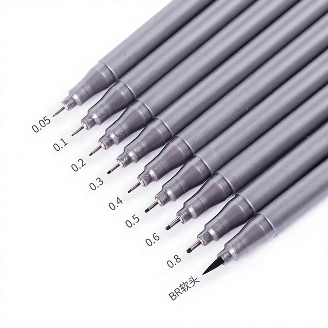 10Pcs/set Permanent Line Pigment Micron Ink Marker Pen 0.05-0.5 Oblique Brush Tip 6mm Black Fine Liner 200m Sketching Manga