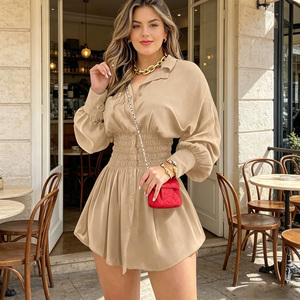 Robe chemise kaki pour femme à taille élastique, manches longues, motif géométrique, épaules tombantes, coupe droite, mini, décontractée, pour le quotidien, en polyester - Product Image 4