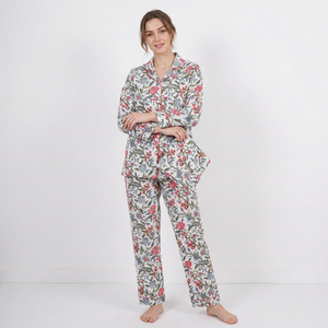 Ensemble de pyjama d'été pour femmes, imprimé floral romantique, 100% coton, taille élastique, manches longues, doux, respirant, séchage rapide - Product Image 1