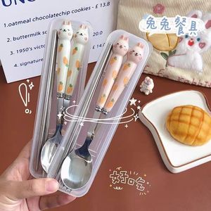 Cartoon Carrot Rabbit Portable Cutlery Stainless Steel Chopsticks <b>Spoon</b> <b>Fork</b> <b>Set</b> For Student Outdoor Travel - Product Image 2