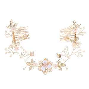 Peignes à cheveux doubles en alliage d'or avec feuilles, strass et perles, bandeau pour mariée, accessoires de <span class=keywords><strong>mariage</strong></span>, bijoux de mariée - Product Image 6