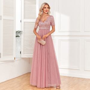 Robe de soirée élégante en tulle éco-responsable pour femmes, nouvelle robe à manches courtes, col en V avec décoration en dentelle - Product Image 2