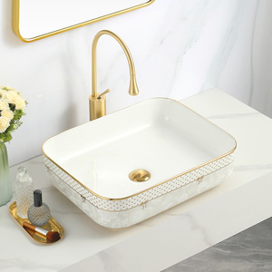 Lavabo de Porcelana de Lujo para Hotel, Rectangular, con Detalles en Dorado, para Colocar <span class=keywords><strong>Sobre</strong></span> la <span class=keywords><strong>Encimera</strong></span>, Lavabo <span class=keywords><strong>Cuadrado</strong></span> - Product Image 1