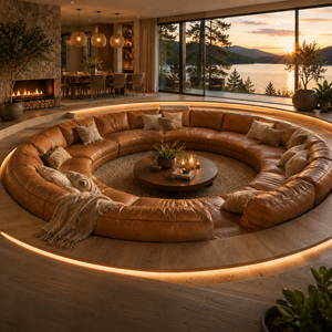 Ensemble de canapés modulaires de luxe en cuir véritable, sans accoudoirs, en forme de L, avec dossier rigide et pieds en bois, pour villas, complexes hôteliers, clubs et hôtels - Product Image 1