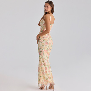 Robe de soirée à imprimé floral, col halter, laçage, taille naturelle, respirante, décontractée, pour banquet - Product Image 4