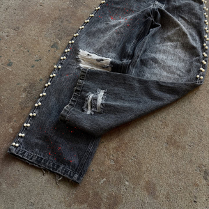 Мужские джинсы-багги из денима с эффектом кислотной стирки, ручной росписи, с бусинами, винтажные, в стиле хип-хоп, уличная одежда, высокое качество, OEM-производство - Product Image 4