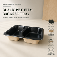 Barquettes en bagasse laminées CPET noires sans PFAS, résistantes à la chaleur, haute barrière, compostables, pour repas surgelés, emballage MAP, faible coût d'outillage