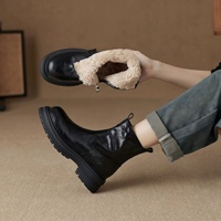 Bottes courtes vintage en cuir véritable pour femme, nouvelle collection automne/hiver 2026, doublure polaire, style rétro, fermeture éclair latérale, talon moyen, antidérapantes, chaudes