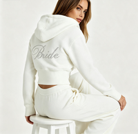 Ensemble de survêtement pour femme de luxe en molleton de coton de haute qualité, personnalisé OEM, avec strass, coupe ajustée, 2 pièces : sweat à capuche zippé court et pantalon de jogging