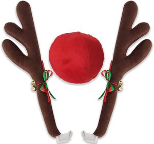 Adornos navideños para ventana y parrilla de coche-Kit de coche de renos con cascabeles y nariz roja de felpa, astas de reno y nariz - Product Image 1