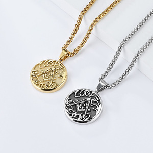 yunnique trendy retro AG Freemason stainless steel round pendant men's personalized niche fraternity <b>titanium</b> steel - Product Image 2