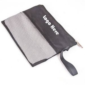Custom Microfiber Towel <b>Bag</b>- Black Mesh Zippered Pouch with Wrist Strap - <b>Transparent</b> Section, Ideal for Gifts - Product Image 1