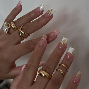 Nouveauté : Ongles à presser style minimaliste, blancs, French, <span class=keywords><strong>avec</strong></span> <span class=keywords><strong>strass</strong></span> étincelants en ABS, couvrance totale - Product Image 1