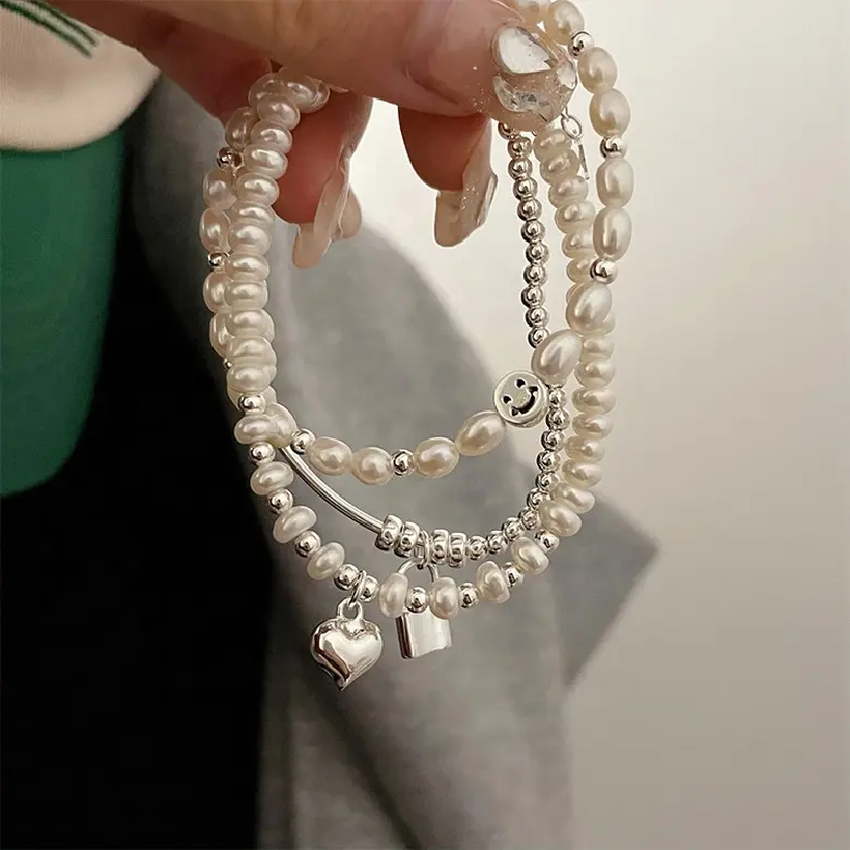 Bracelet en métal avec perles d'eau douce, style Punk coréen, avec cœur et sourire, doux, Simple, rétro, pour femmes et filles, cadeau, nouvelle collection 2022