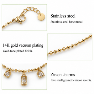 Geometric Zircon Charm <b>Bracelet</b>, Stainless Steel <b>Beaded</b> Chain with 14K Gold Vacuum Plating, Gold and <b>Silver</b> Colors - Product Image 3