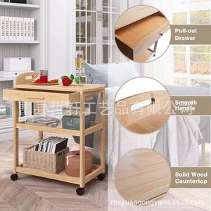 Chariot de cuisine en bois massif à 3 niveaux avec tiroir et roulettes, chariot de rangement portable pour usage domestique - Product Image 1