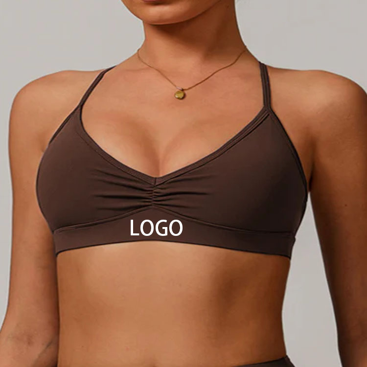 Custom OEM Womens Ruched V Neck Sports Bra Thin Spaghetti Strap Cross Back Four Way Stretch Yoga Fitness Workout Top