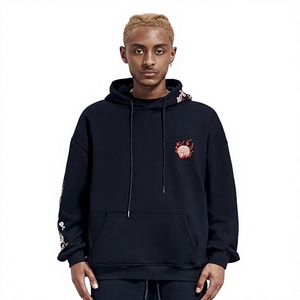 Sweat-shirt à capuche en coton noir surdimensionné pour homme, style chinois, broderie de dragon, avec poche et broderie à la main - Product Image 5
