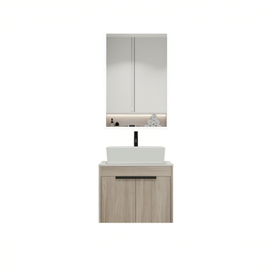 Meuble-lavabo mural en chêne blanc de 24 pouces au design moderne avec vasque en céramique, porte à fermeture douce et miroir inclus - Product Image 1