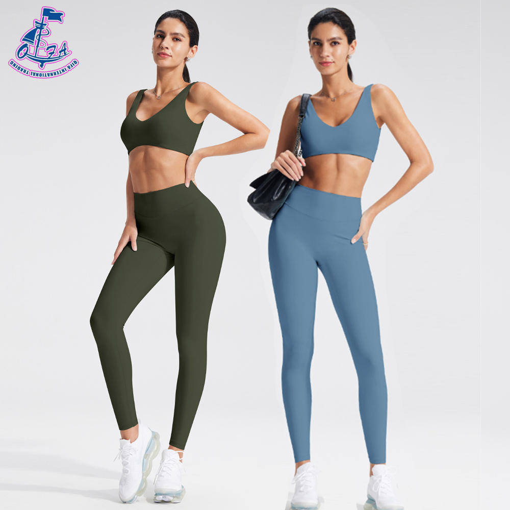 QIFA Nylon Spandex High Waist Quick Drying High Waist Yoga Pant Gym Fitness Sports Wear Tummy Control Women Leggings