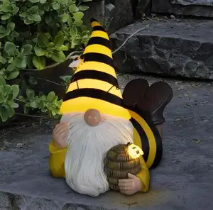Custom Solar Bee Gnomes Figurine With Bee Hive Outdoor Garden Statue