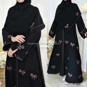 <span class=keywords><strong>Habib</strong></span>新款两件套蝴蝶结开口Abaya头巾套装定制穆斯林刺绣蝴蝶结和服正面开口Abaya套装 - Product Image 3