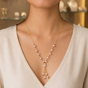Custom Rhodium Plated <b>Necklace</b> Freshwater Pearl Red <b>Ruby</b> Bead Station Y Lariat Tassel Drop Chain Fine Women Luxury Gift Jewelry - Product Image 1