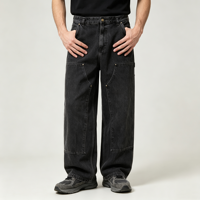 Jean Carpenter pour Homme, Denim Noir Délavé, Double Genou, Coupe Ample et Large, Style Workwear, avec Boucle pour Marteau, Personnalisable