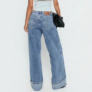 Women's Mid Straight Jeans Y2K Casual Sexy Vintage Wash Rhinestone Embellished Rolled Cuff Baggy Denim - Product Image 3